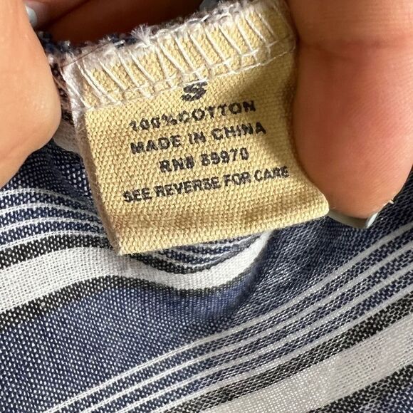 LOVE NOTES Blue Peplum Stripe Button Down Ruffle Long Sleeve Cotton Shirt - Picture 8 of 9